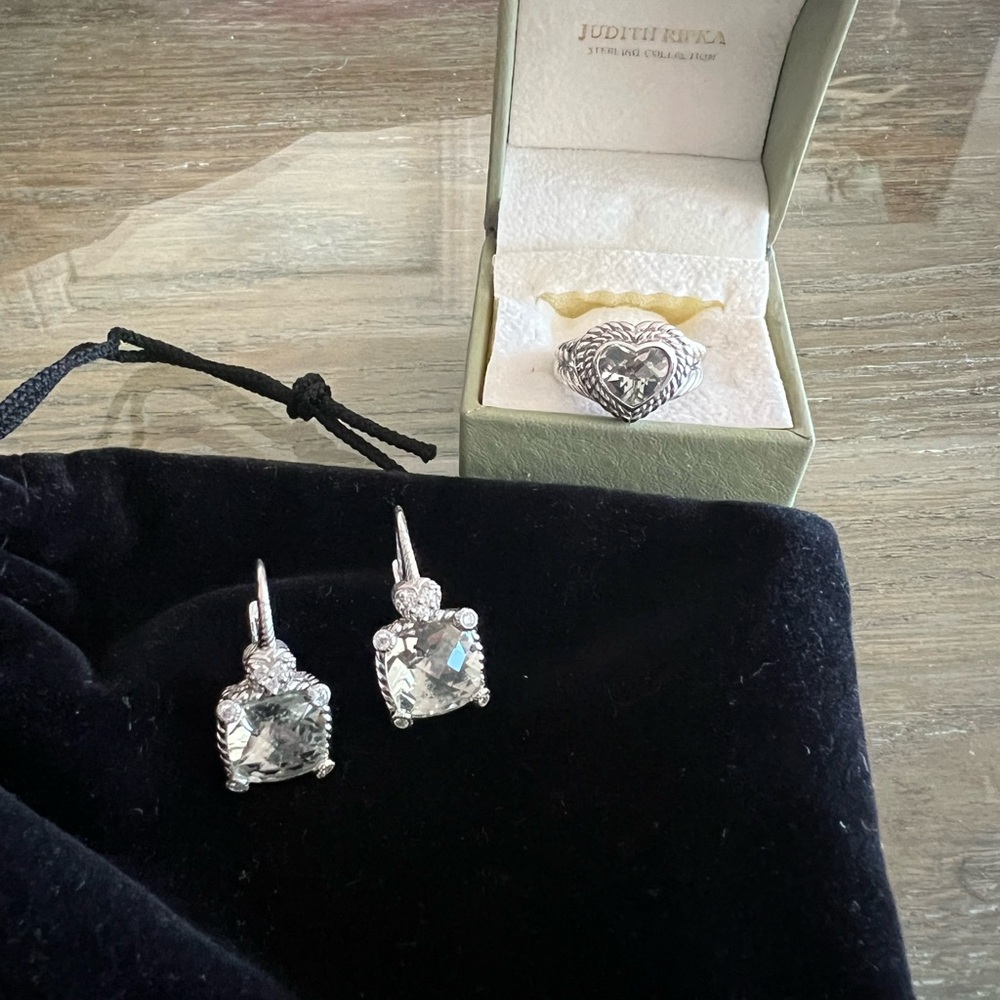 Judith Ripka Silver Heart Ring with Earrings. Ring size is 6.75